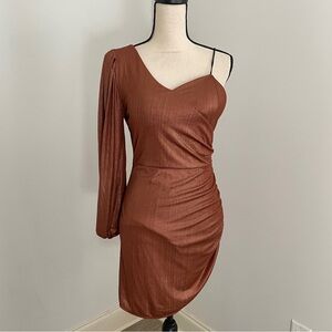 Venti6 Metallic Copper Long‎ Sleeve Dress Medium One Shoulder Asymmetrical Party